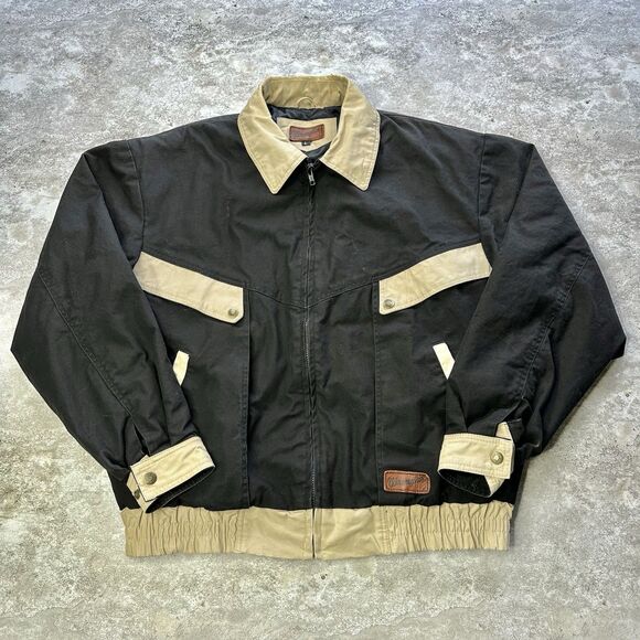 Vintage Wrangler Two-Tone Canvas Bomber Jacket Black Tan Quilted Lined Size L - Picture 1 of 12